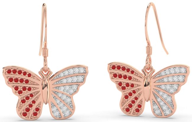 Diamond & Ruby Rose Gold Butterfly Dangle Earrings
