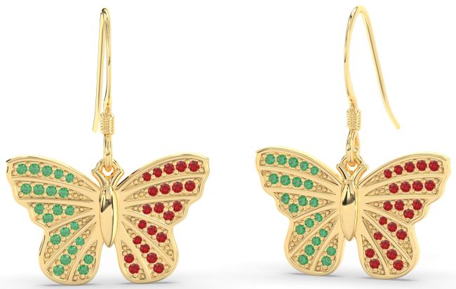 Emerald & Ruby Gold Butterfly Dangle Earrings