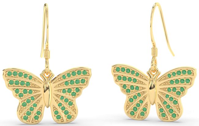 Emerald Gold Silver Butterfly Dangle Earrings