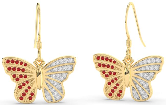 Diamond & Ruby Gold Butterfly Dangle Earrings