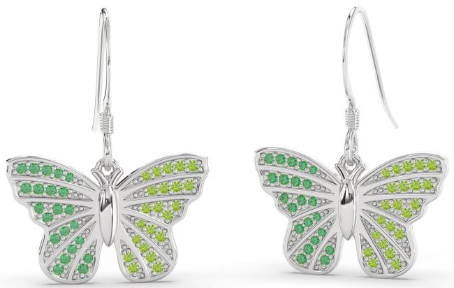 Emerald & Peridot Platinum Butterfly Dangle Earrings