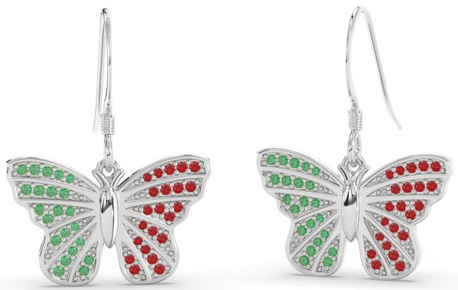 Emerald & Ruby White Gold Butterfly Dangle Earrings