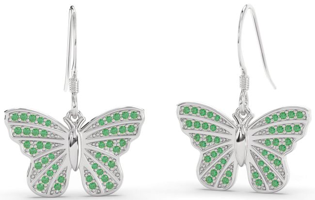 Emerald Silver Butterfly Dangle Earrings