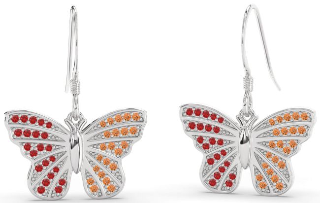 Ruby & Citrine Platinum Butterfly Dangle Earrings
