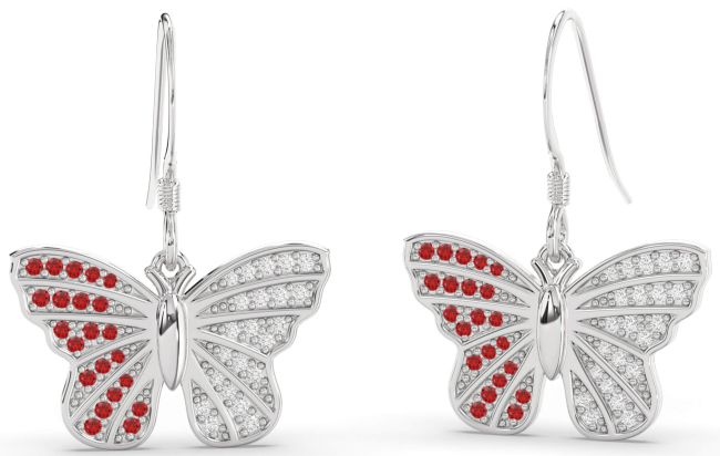 Diamond & Ruby Platinum Butterfly Dangle Earrings