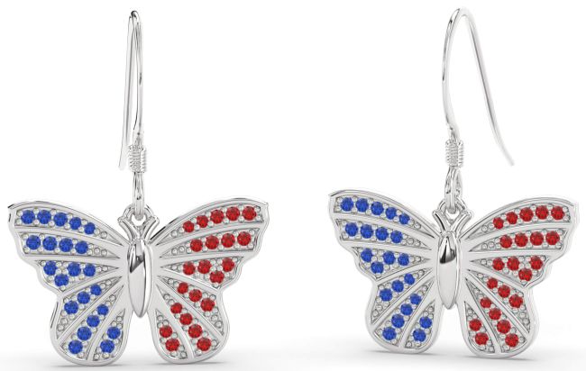 Blue Sapphire & Ruby Platinum Butterfly Dangle Earrings