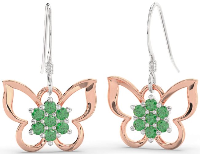 Emerald Silver & 10K Rose Gold Butterfly Dangle Earrings