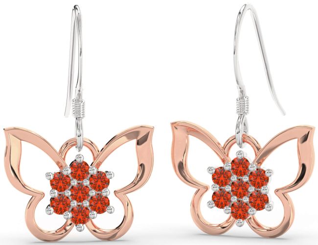 Fire Opal Platinum & Rose Gold Butterfly Dangle Earrings
