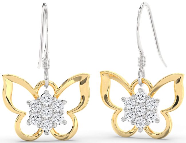 Diamond Gold Silver Butterfly Dangle Earrings