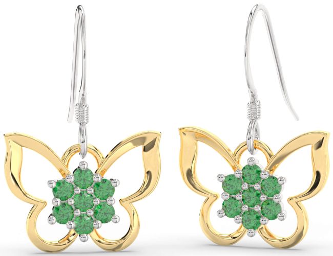 Emerald Gold Silver Butterfly Dangle Earrings
