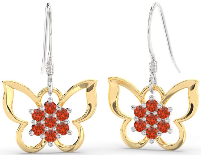 Fire Opal Silver & 10K gold Butterfly Dangle Earrings
