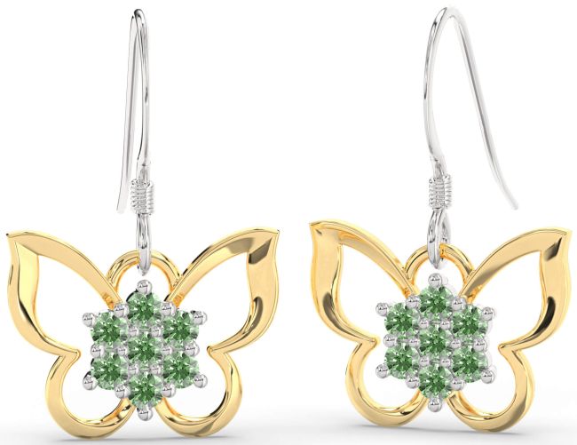 Green Diamond Gold Silver Butterfly Dangle Earrings