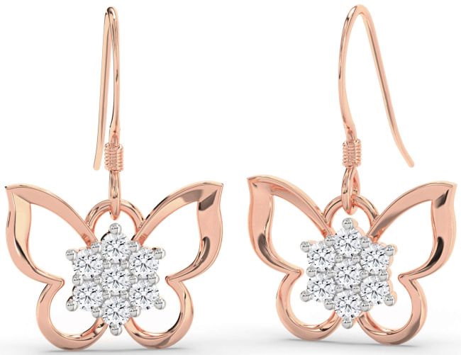 Diamond Rose Gold Silver Butterfly Dangle Earrings