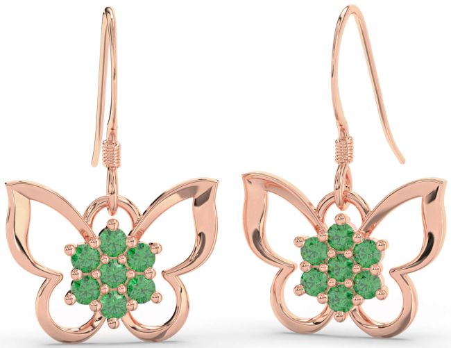Emerald Rose Gold Butterfly Dangle Earrings