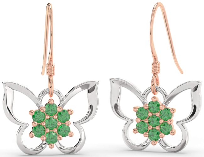 Emerald Rose Gold Silver Butterfly Dangle Earrings