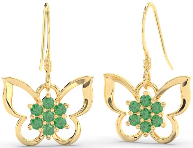 Emerald Gold Silver Butterfly Dangle Earrings