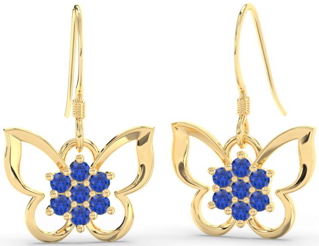 Blue Sapphire Gold Silver Butterfly Dangle Earrings