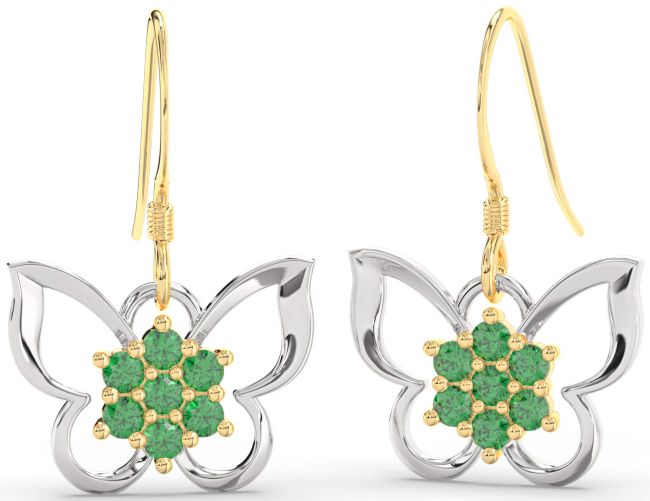 Emerald Platinum & Yellow Gold Butterfly Dangle Earrings
