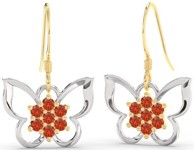 Fire Opal White Yellow Gold Butterfly Dangle Earrings