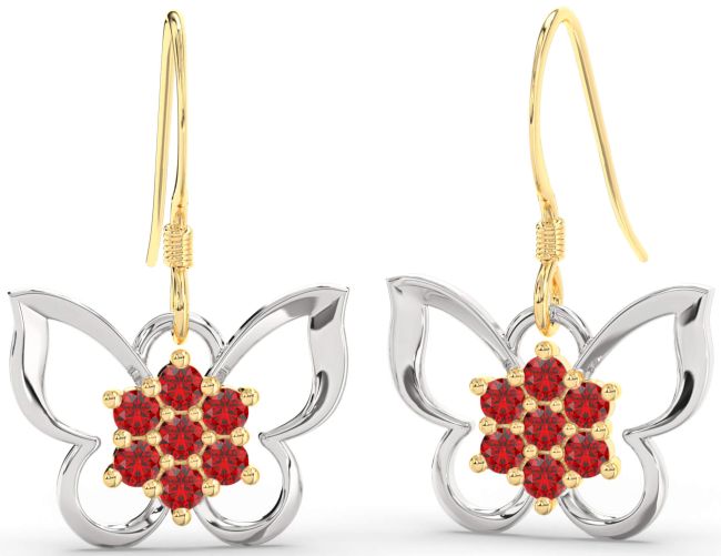 Ruby Gold Silver Butterfly Dangle Earrings
