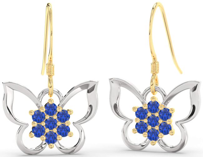 Blue Sapphire Gold Silver Butterfly Dangle Earrings