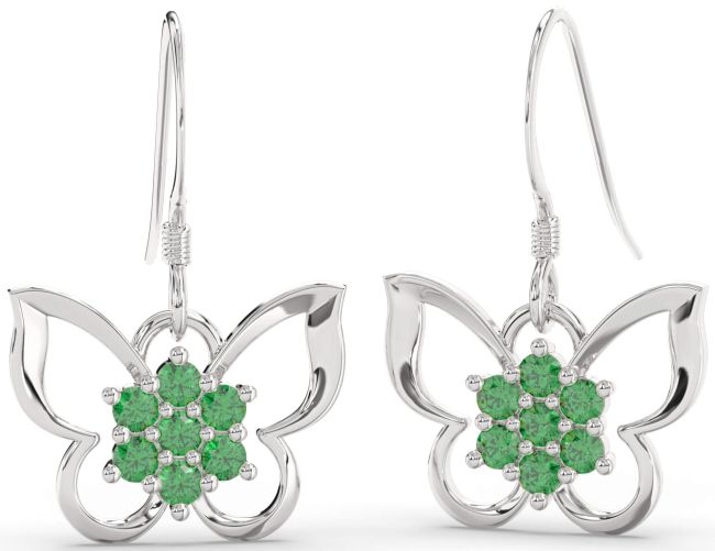Emerald White Gold Butterfly Dangle Earrings