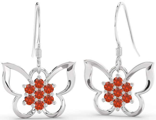 Fire Opal White Gold Butterfly Dangle Earrings