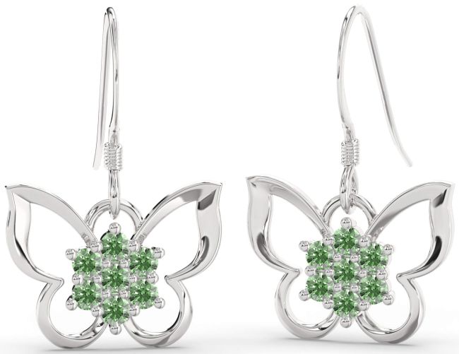 Green Diamond Silver Butterfly Dangle Earrings