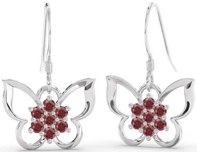 Garnet Platinum Butterfly Dangle Earrings