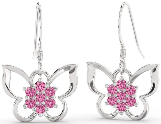 Pink Sapphire Platinum Butterfly Dangle Earrings
