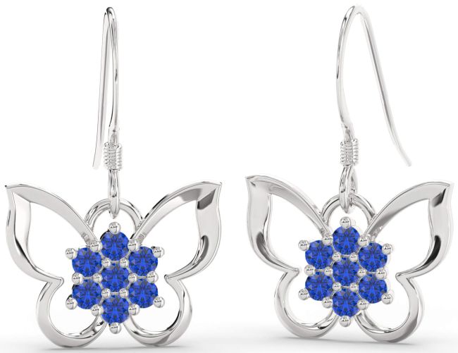 Blue Sapphire Silver Butterfly Dangle Earrings