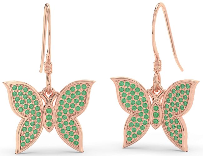 Emerald Rose Gold Butterfly Dangle Earrings
