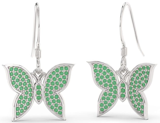 Emerald White Gold Butterfly Dangle Earrings