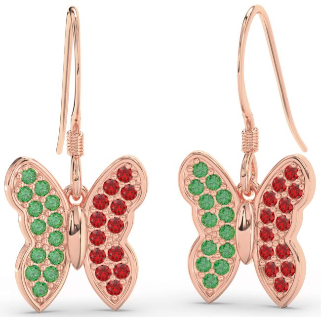 Emerald & Ruby Rose Gold Butterfly Dangle Earrings