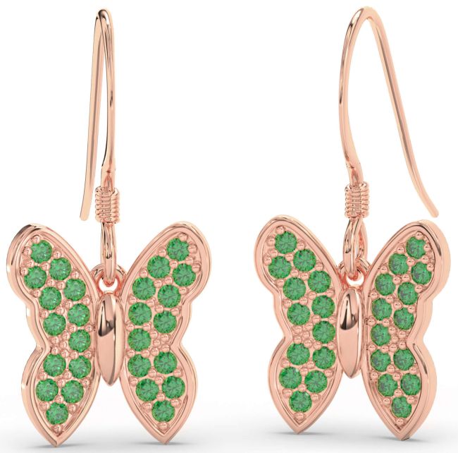 Emerald Rose Gold Silver Butterfly Dangle Earrings
