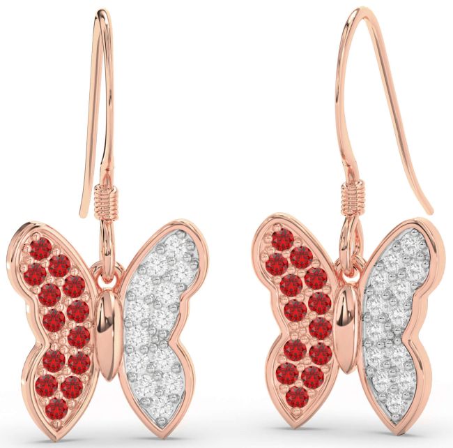 Diamond & Ruby Rose Gold Butterfly Dangle Earrings
