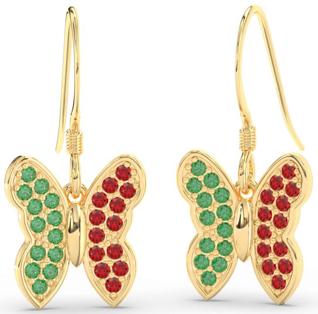 Emerald & Ruby Gold Silver Butterfly Dangle Earrings