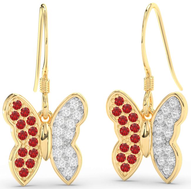 Diamond & Ruby Gold Silver Butterfly Dangle Earrings
