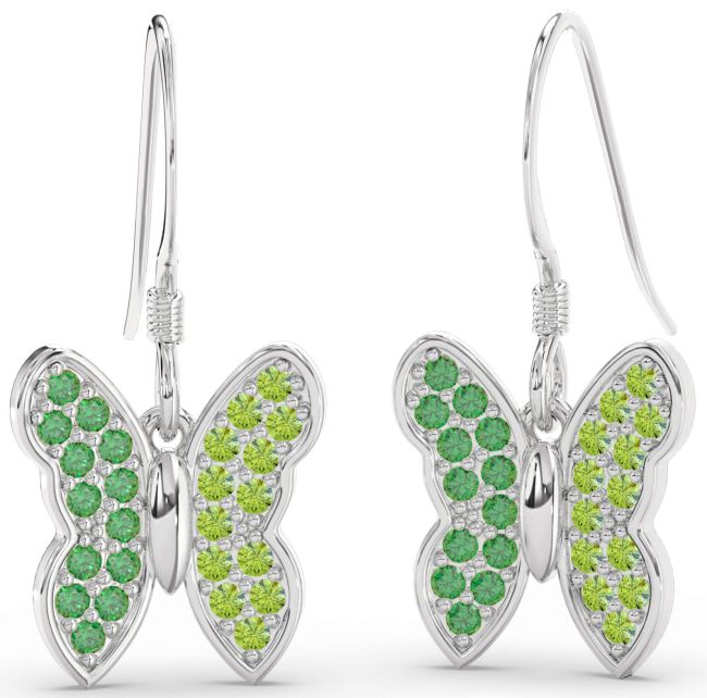 Emerald & Peridot Platinum Butterfly Dangle Earrings