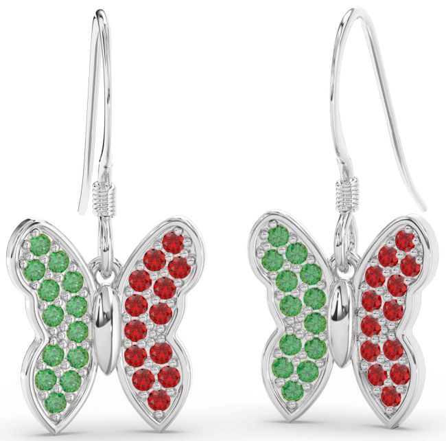 Emerald & Ruby White Gold Butterfly Dangle Earrings