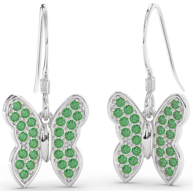Emerald Silver Butterfly Dangle Earrings