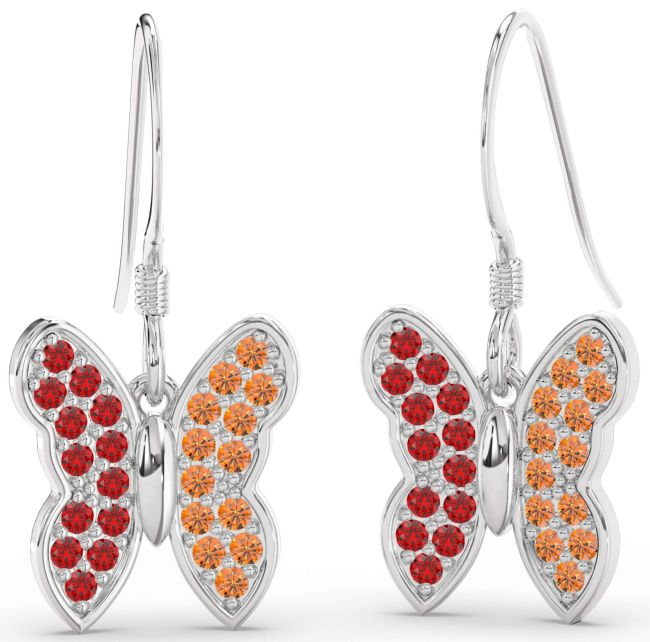 Ruby & Citrine Platinum Butterfly Dangle Earrings