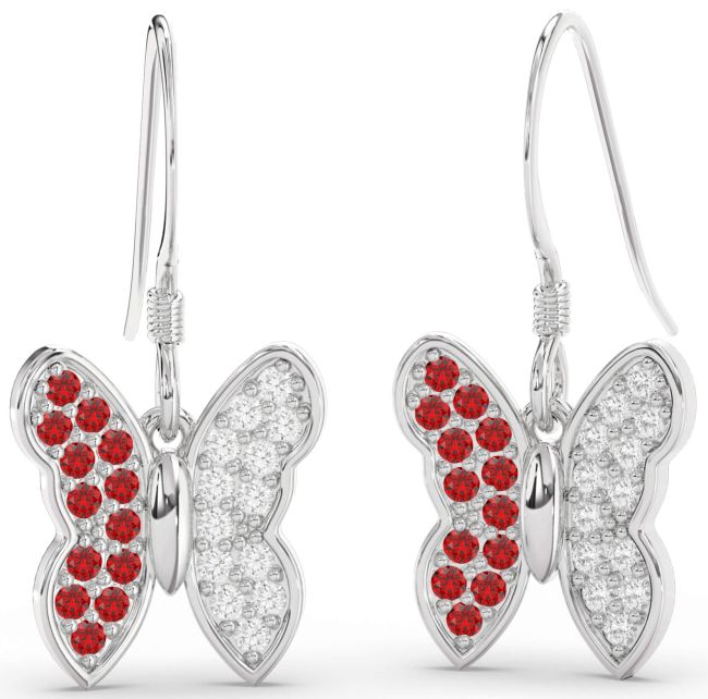 Diamond & Ruby Platinum Butterfly Dangle Earrings