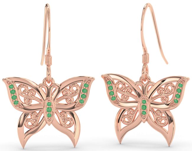 Emerald Rose Gold Butterfly Dangle Earrings