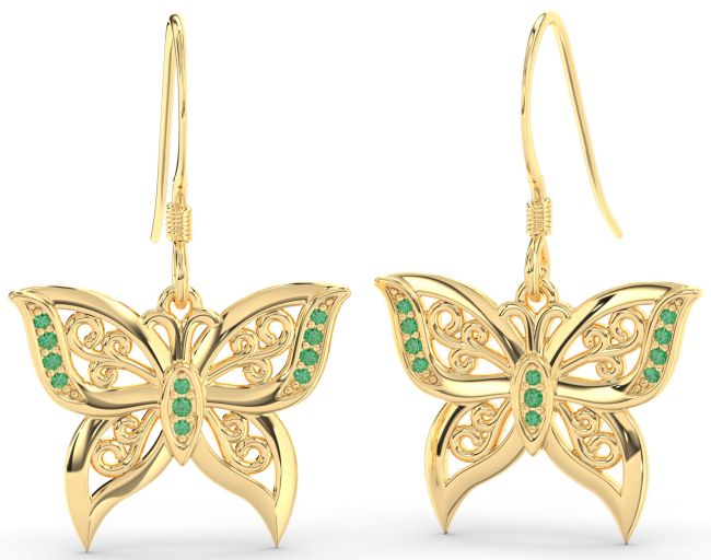 Emerald Gold Butterfly Dangle Earrings
