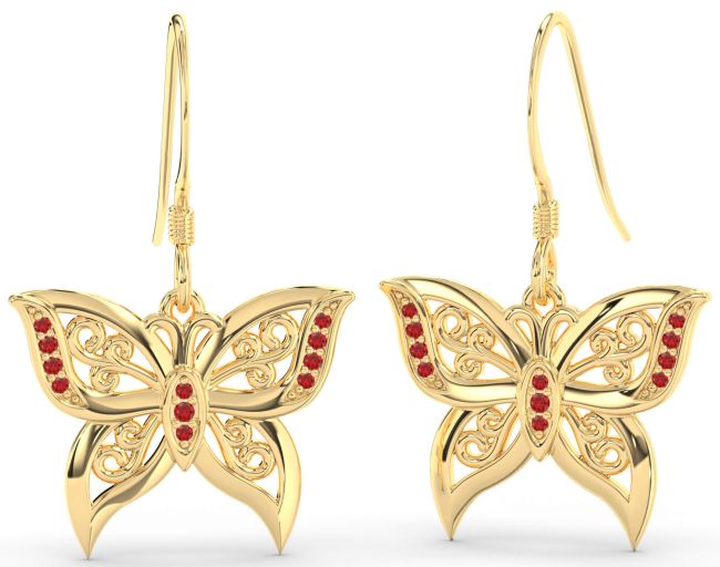 Ruby Gold Silver Butterfly Dangle Earrings
