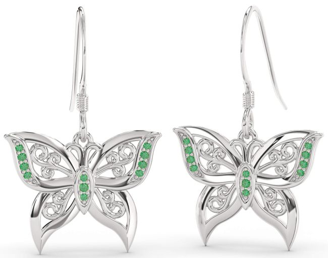 Emerald Silver Butterfly Dangle Earrings