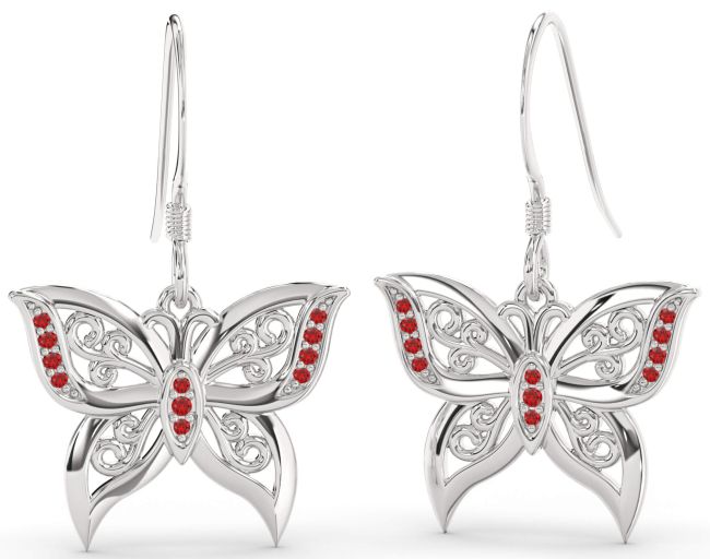 Ruby Platinum Butterfly Dangle Earrings