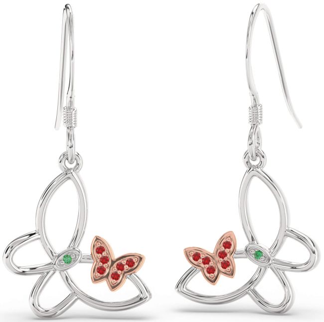 Emerald & Ruby Silver & 10K Rose Gold Butterfly Dangle Earrings