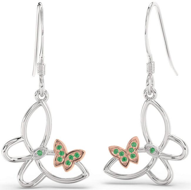 Emerald Silver & 10K Rose Gold Butterfly Dangle Earrings